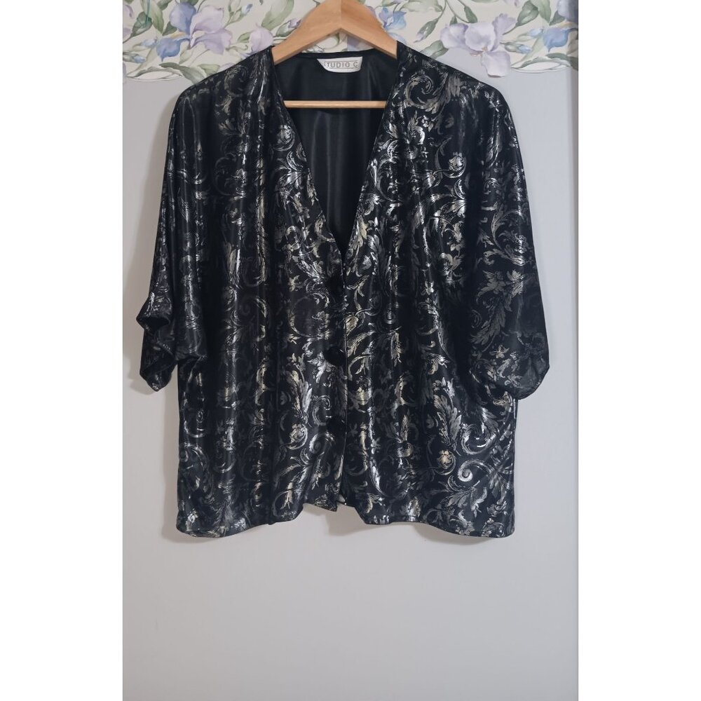 Studio C Satin XL Black Silver Vintage Party Event Flowy Paisley Button Top